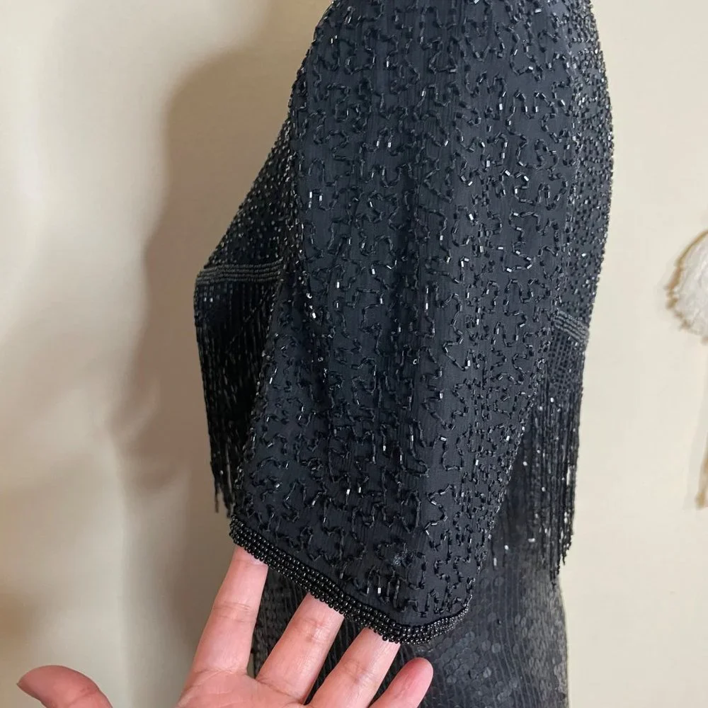 Vintage SCALA 80s Silk Gatsby Cocktail Asymmetric Sequins Beaded Dress Black M - Picture 5 of 12
